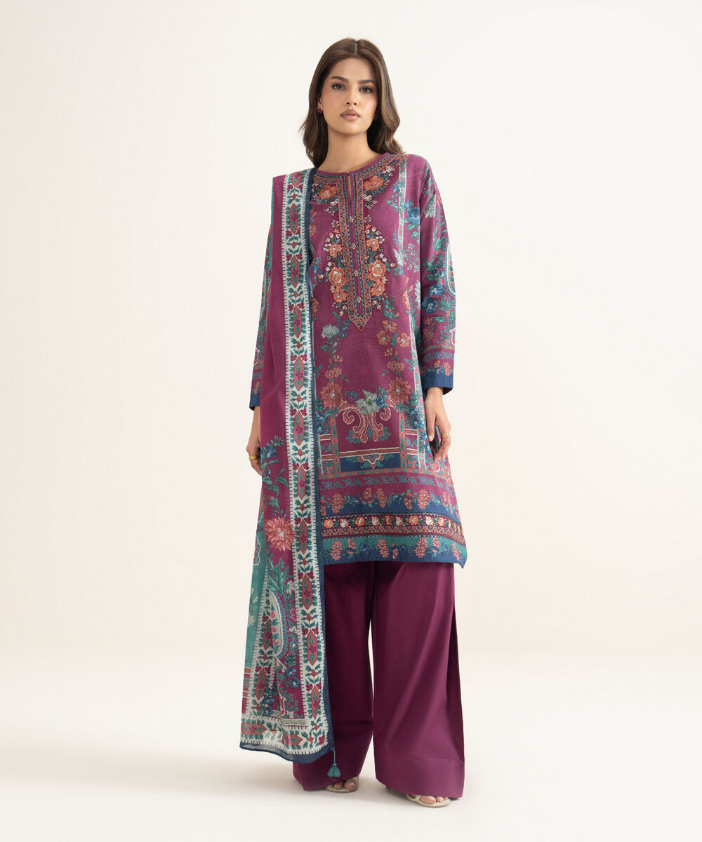 Women's Unstitched Lawn Embroidered Purple 3 Piece Suit
