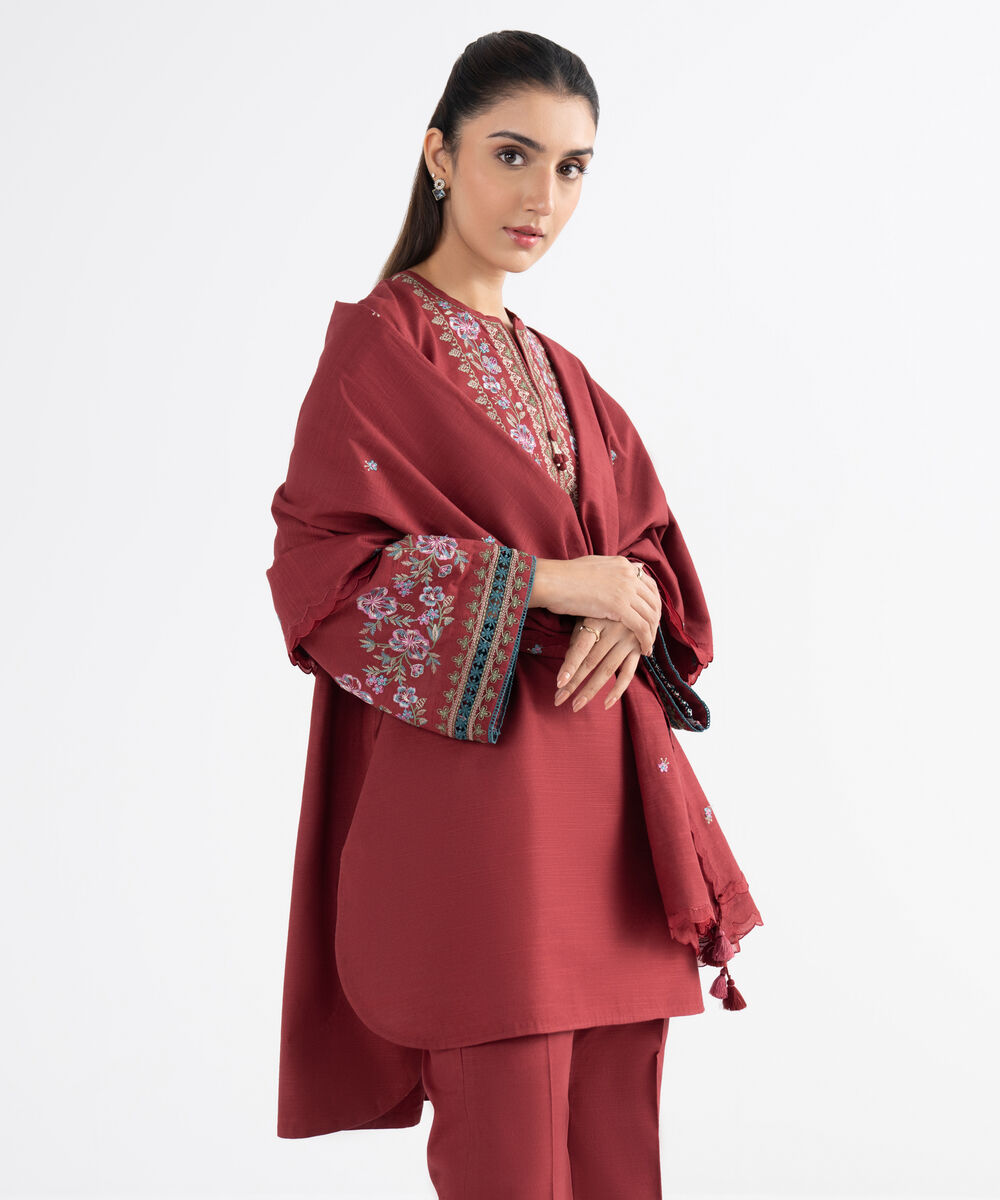 Women's Unstitched Khaddar Embroidered Red 3 Piece Suit