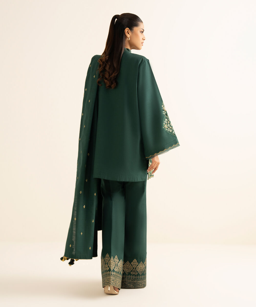 Women's Unstitched Khaddar Embroidered Green 3 Piece Suit