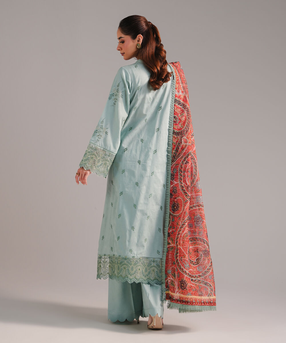 Women's RTW Self Jacquard Embroidered Seafoam Green 3 Piece Suit