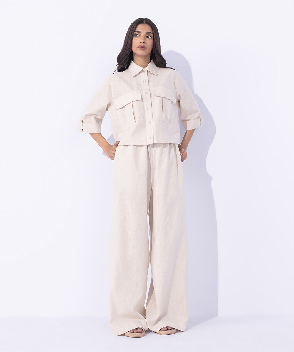 Women's Western Wear Beige  Cropped Linen Blend Shirt With Cargo Pockets