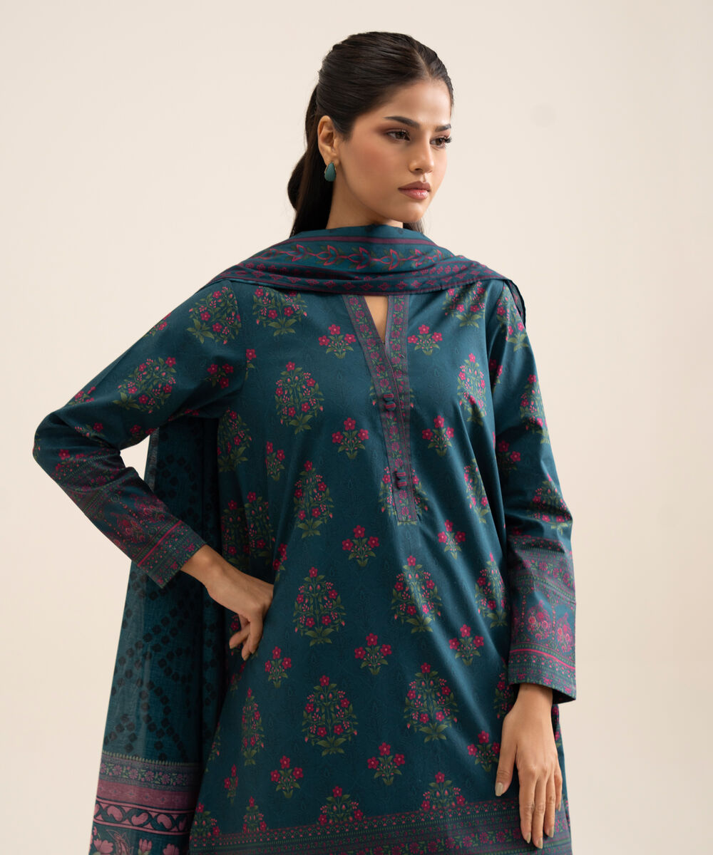 Women's Unstitched Cotton Printed Blue 3 Piece Suit