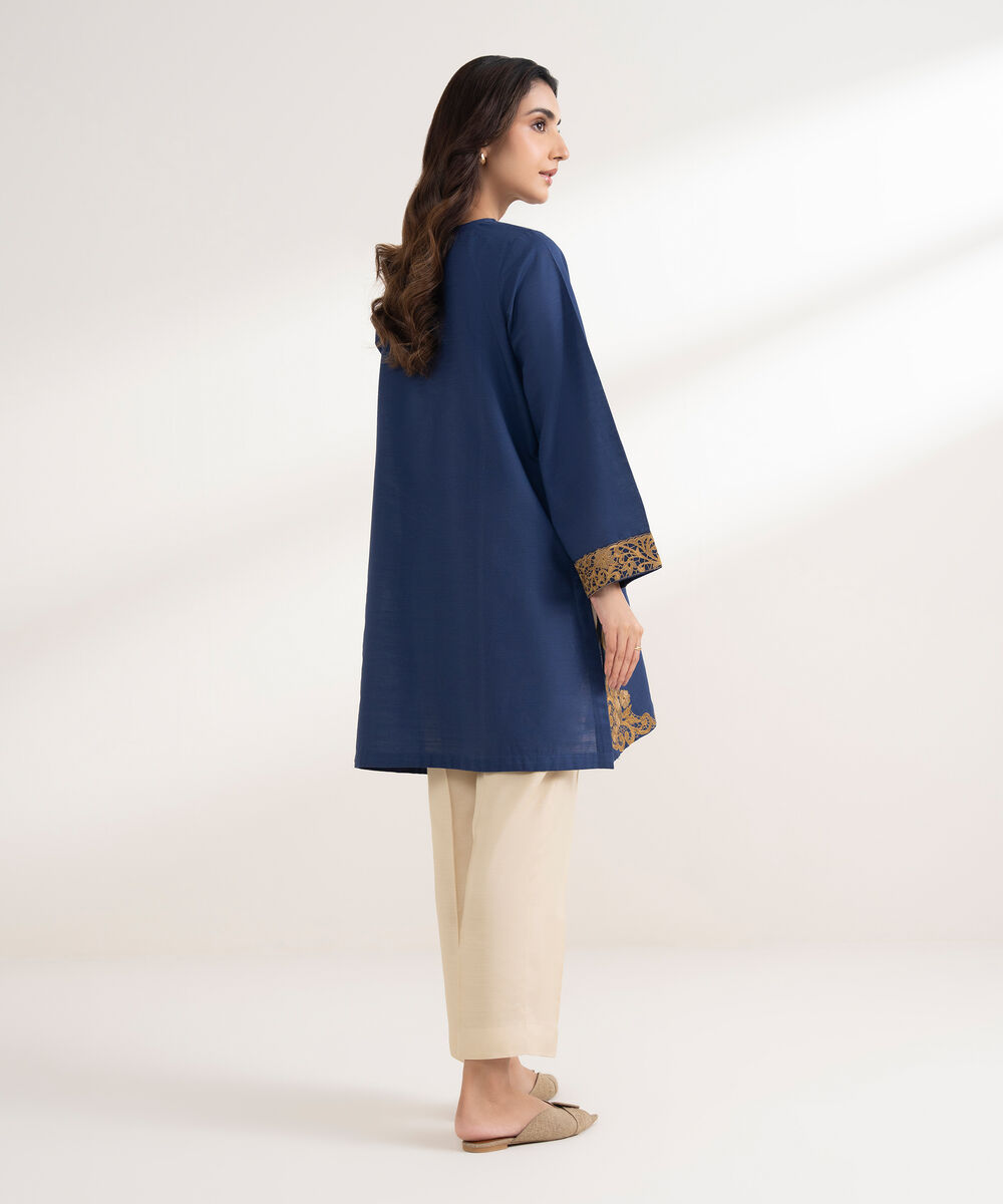 Women's RTW Cotton Embroidered Straight Blue Shirt