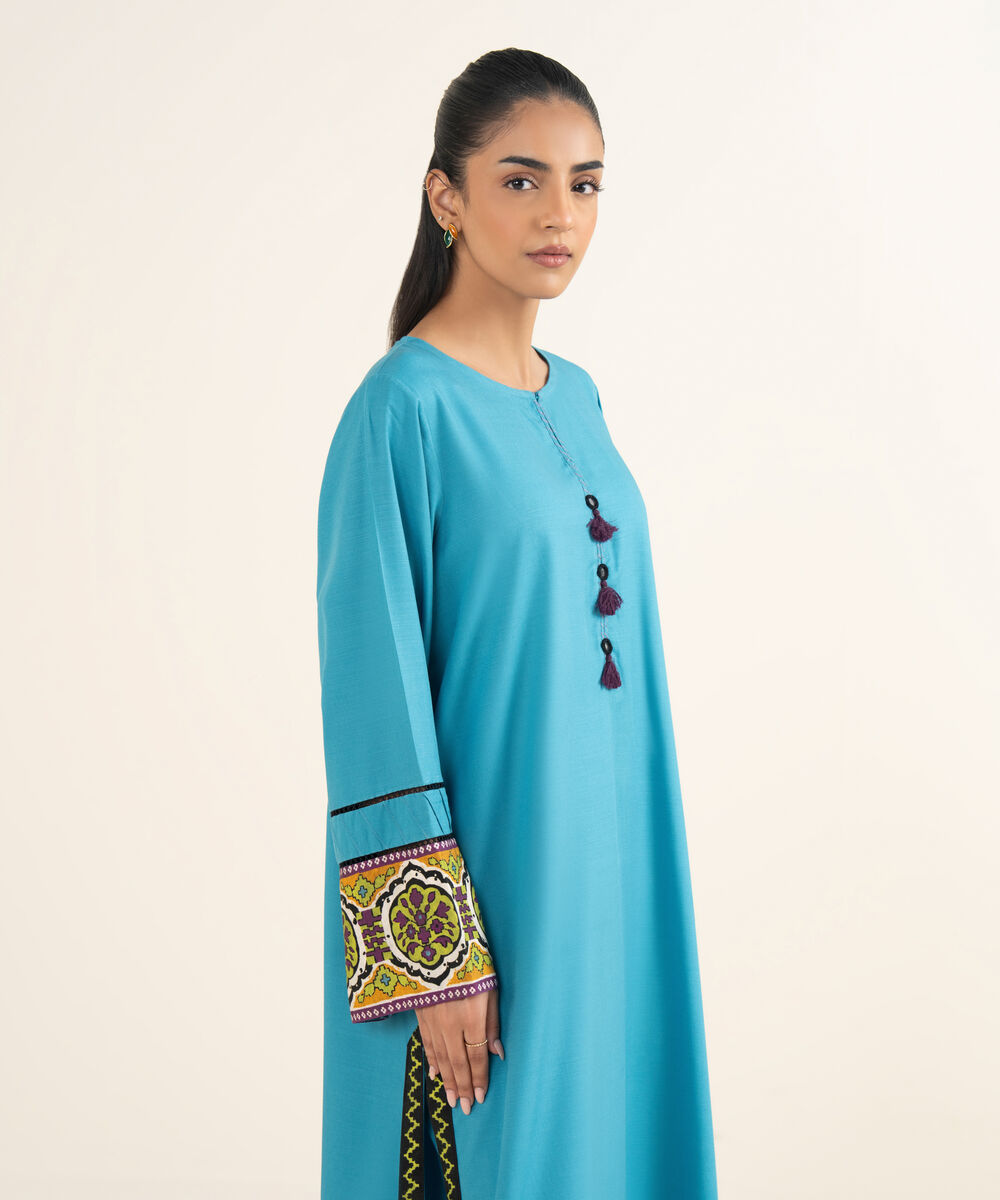 Women's RTW Herringbone Solid Blue A-Line Shirt