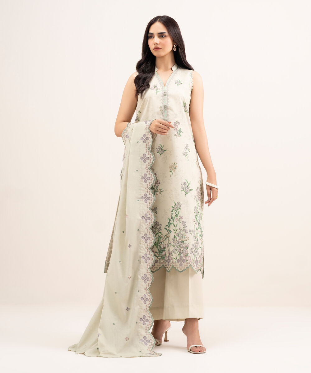 Women's Unstitched Lawn Embroidered Beige 3 Piece Suit