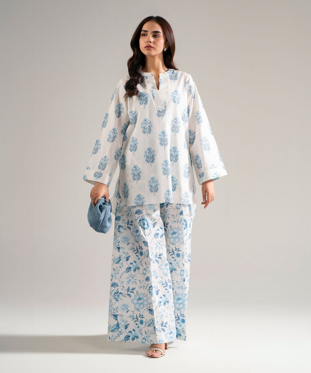 Women's RTW Slub Lawn Printed White Straight Shirt