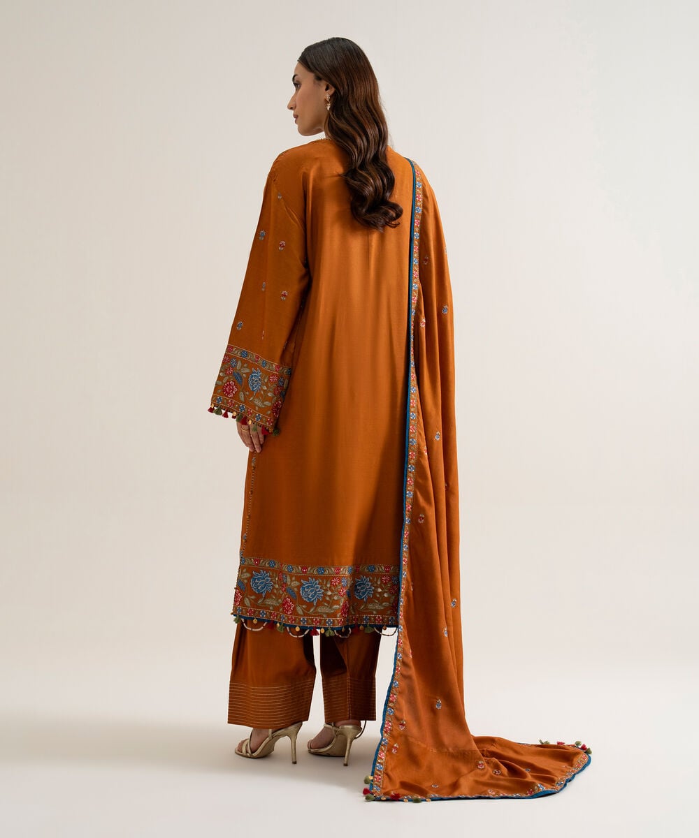 Womens Unstitched Cotton Twill Embroidered Burnt Orange 3 Piece Suit
