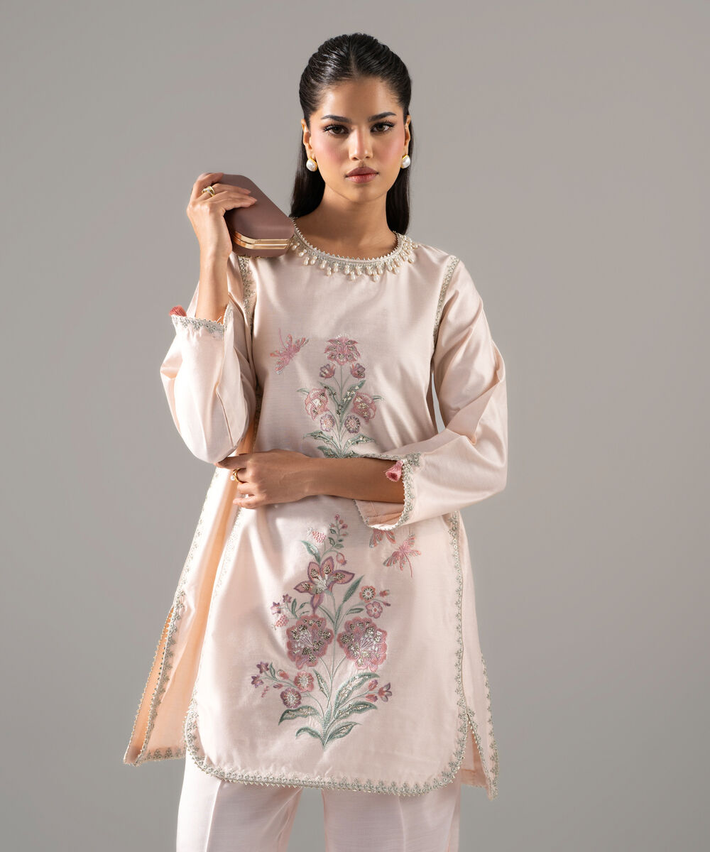 Women's RTW Cotton Net Solid Embroidered Pink 2 Piece Suit