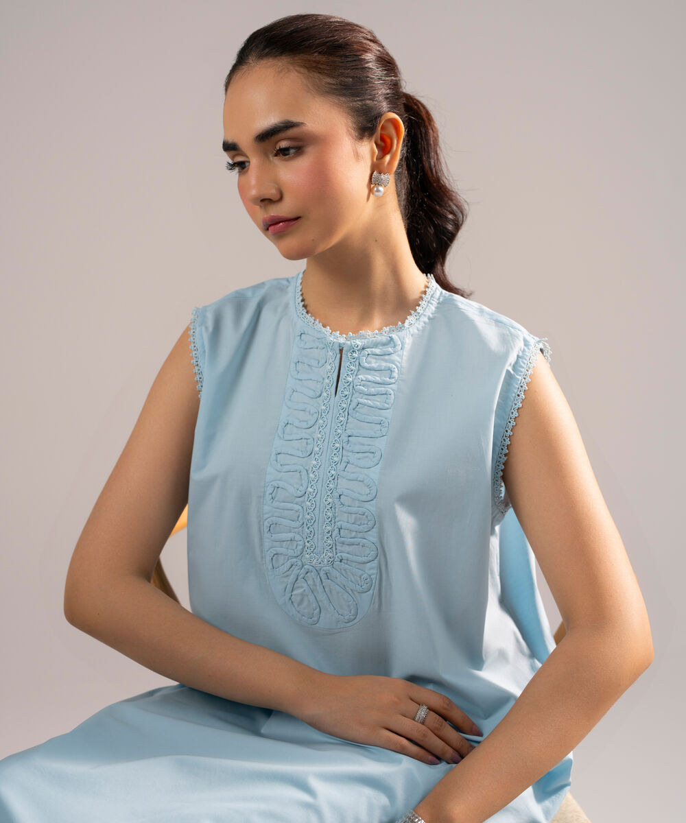 Women's RTW Poplin Solid Blue Straight Shirt