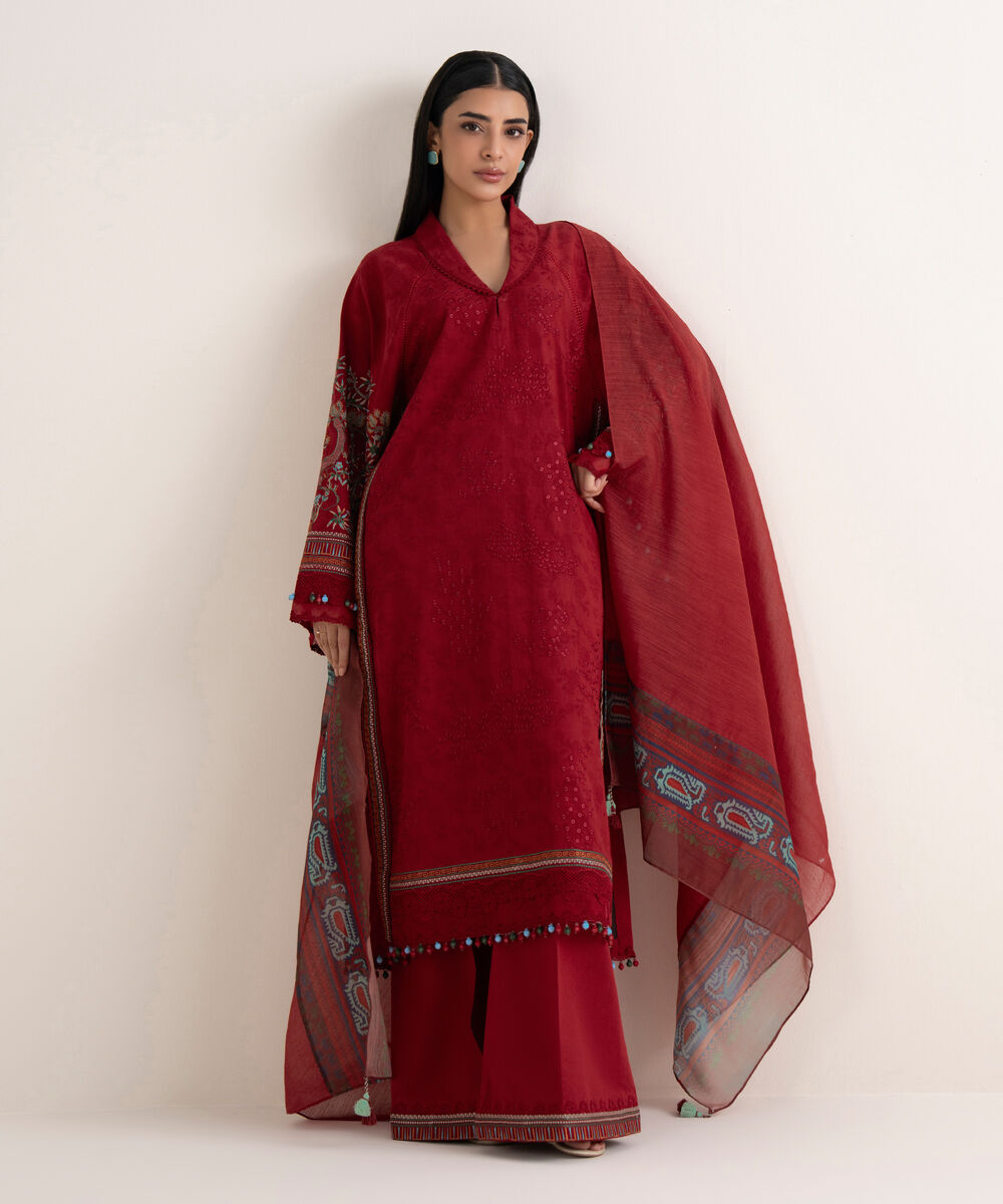Women's Unstitched Cotton Jacquard Embroidered Red 3 Piece Suit