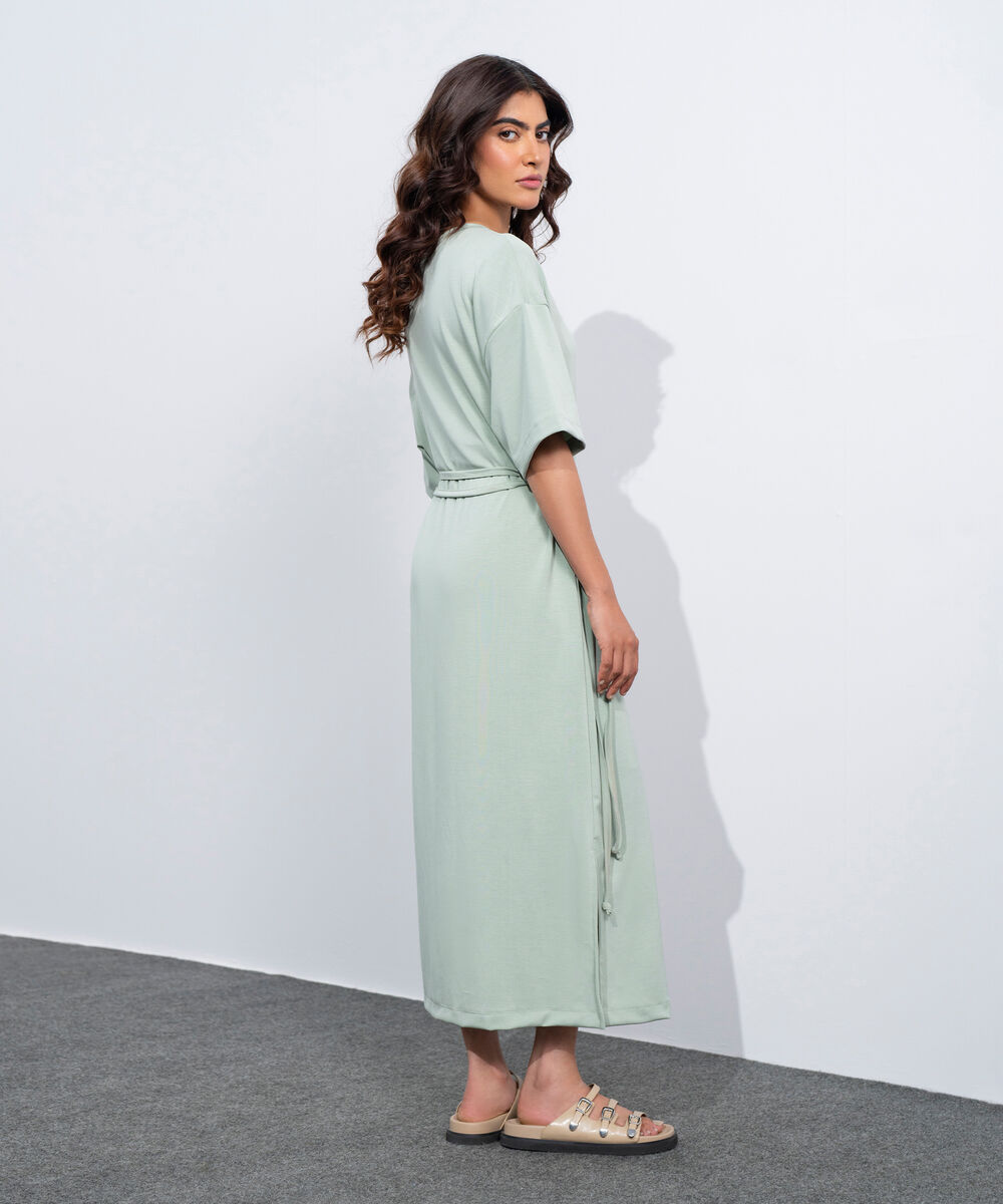 Women's Western Sage Green Soft Lux  T-Shirt Dress With Belt