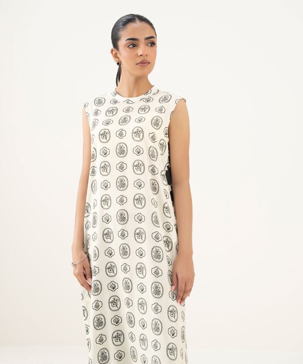 Women's RTW Linen Viscose Printed Off White Straight Shirt