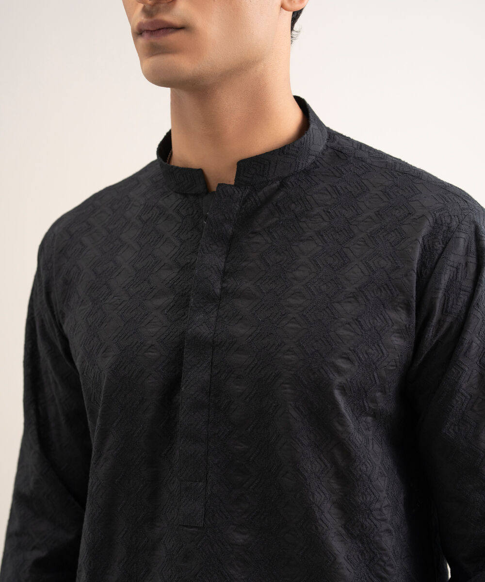 Men'S Stitched Black Premium Cotton Suit