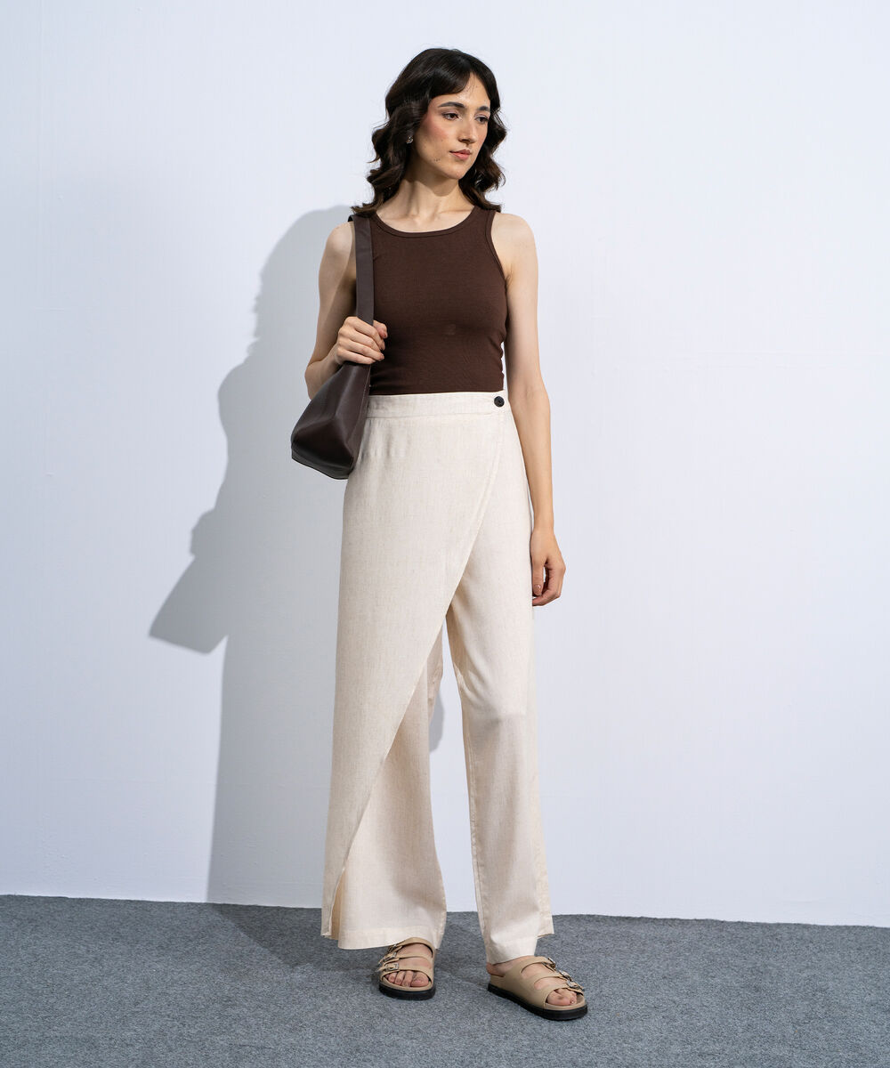 Women's Off White Asymmetrical Linen Blend Trousers