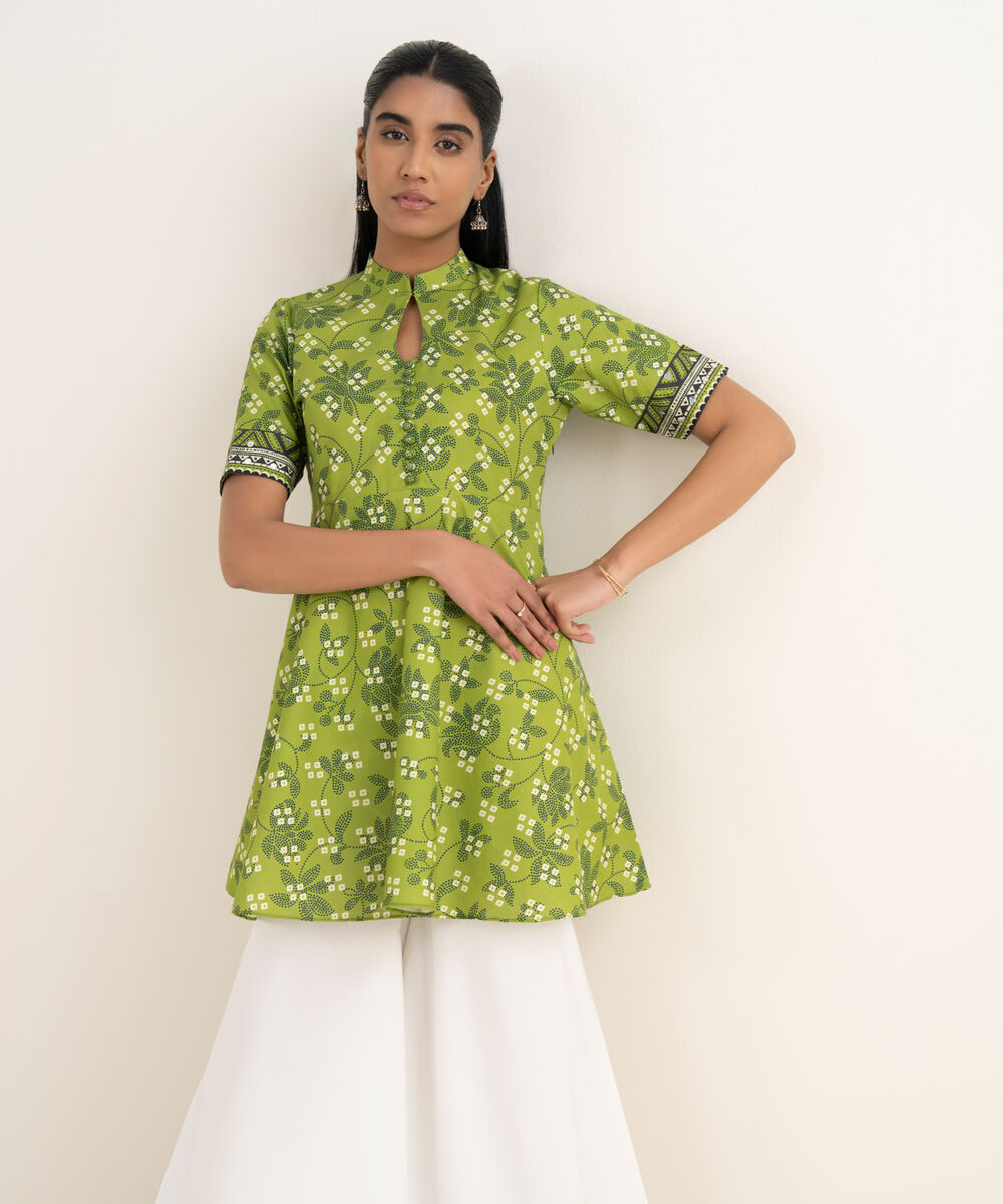 Women's Unstitched Cotton Printed Green Shirt