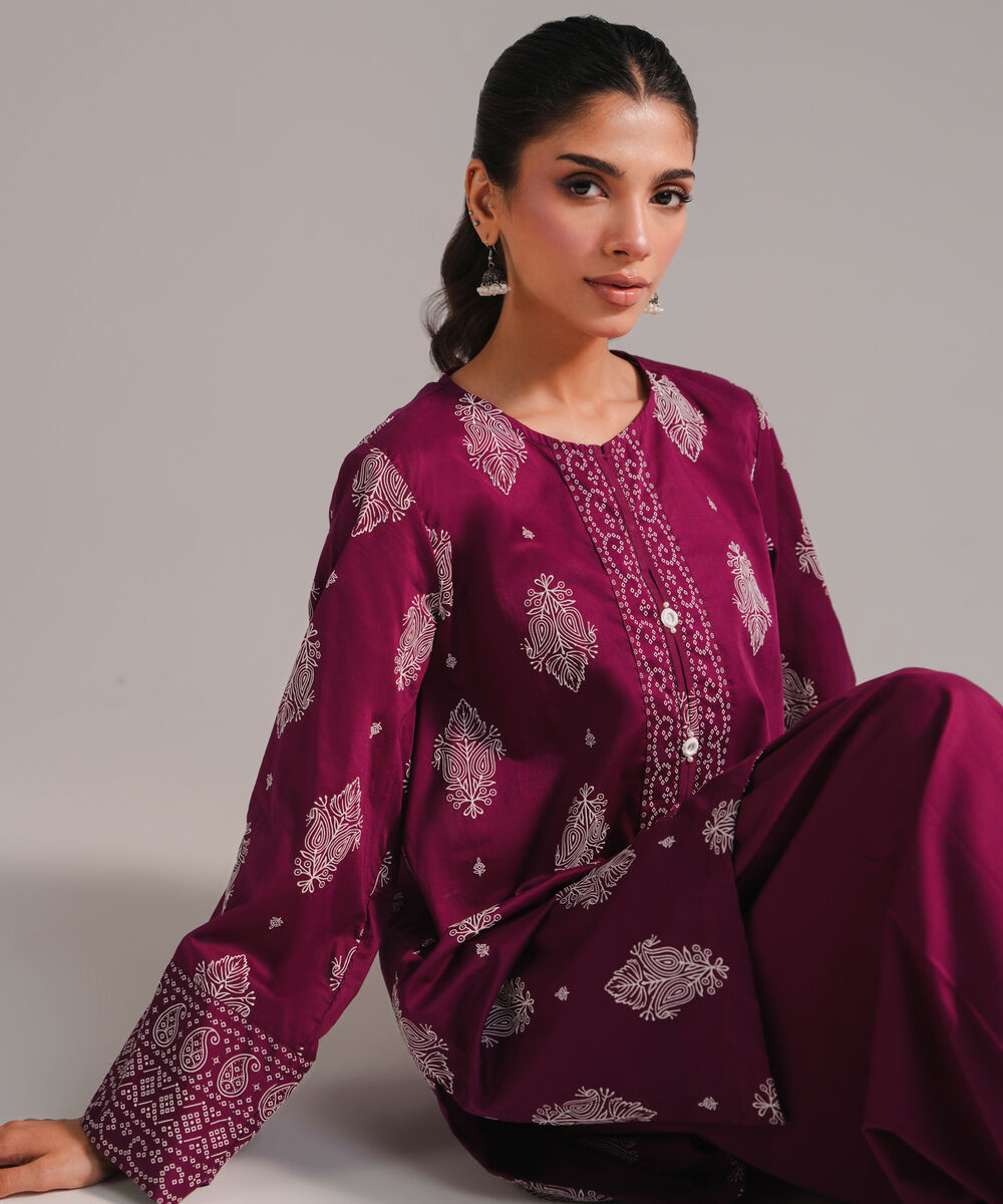 Women's RTW Lawn Printed Purple Straight Shirt