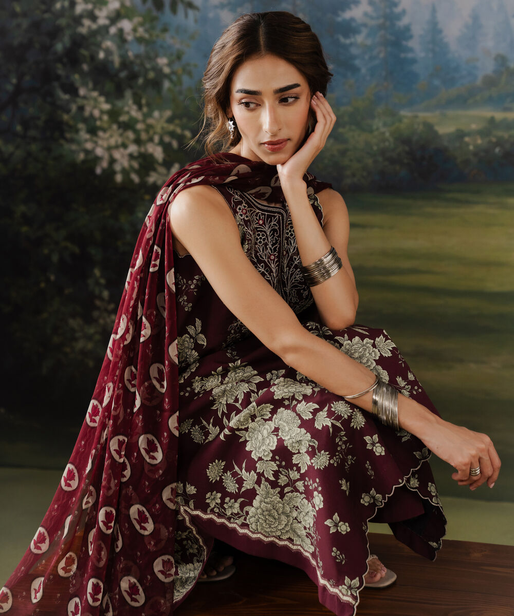 Women's Unstitched Cotton Embroidered Red
