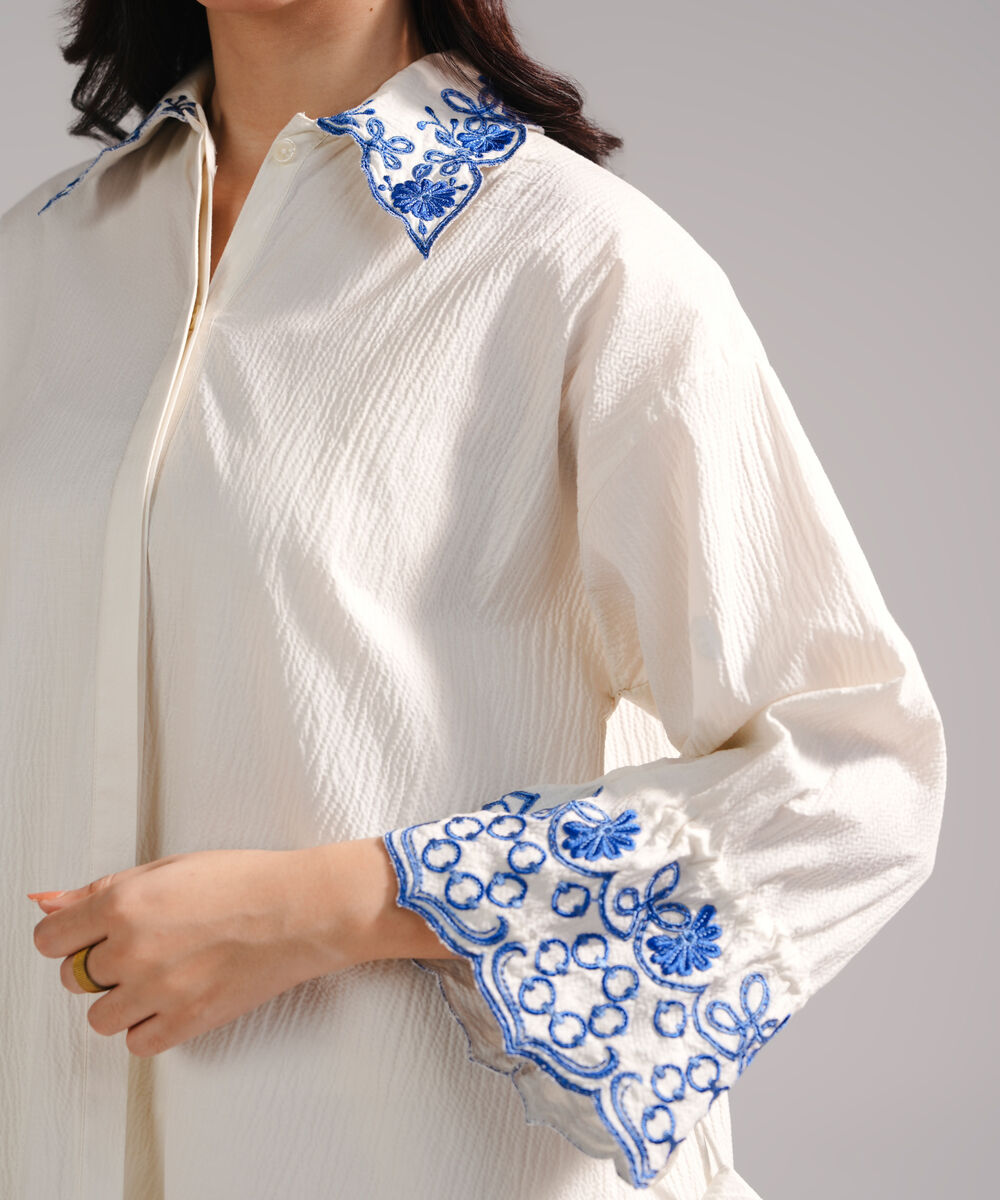 Women's RTW Seersucker Embroidered Off White Straight Shirt