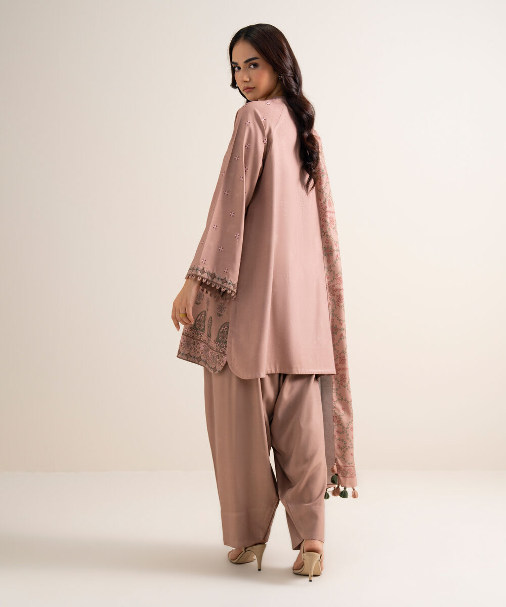 Women's Unstitched Embroidered Linen Pink 3 Piece Suit