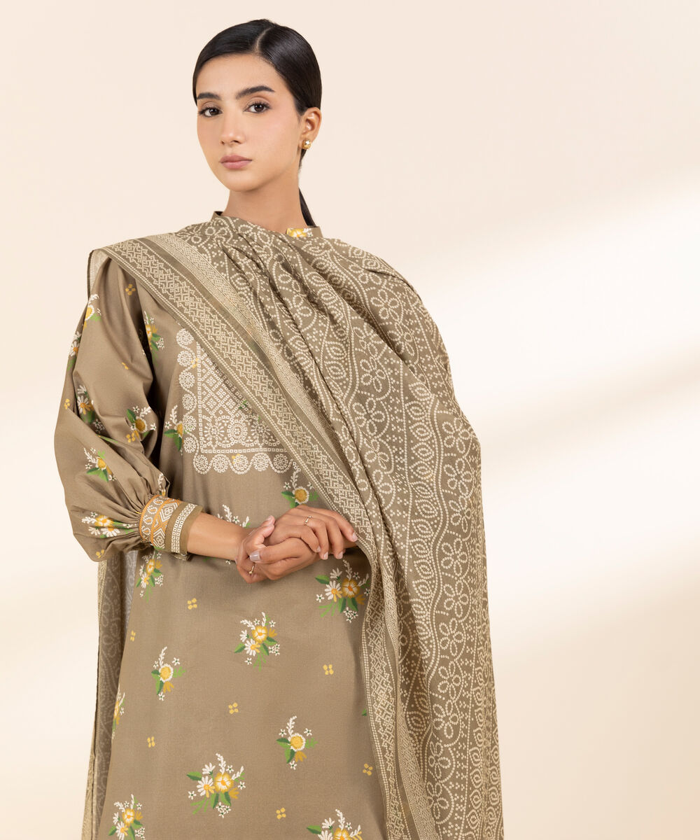 Women's Unstitched Lawn Embroidered Brown 2 Piece Suit