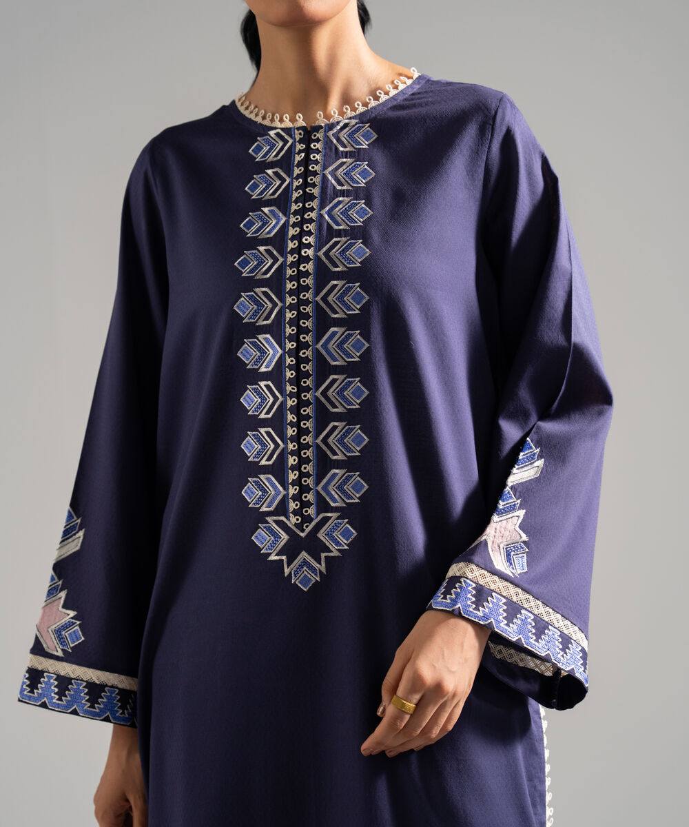 Women's RTW Dobby Embroidered Blue 2 Piece Suit