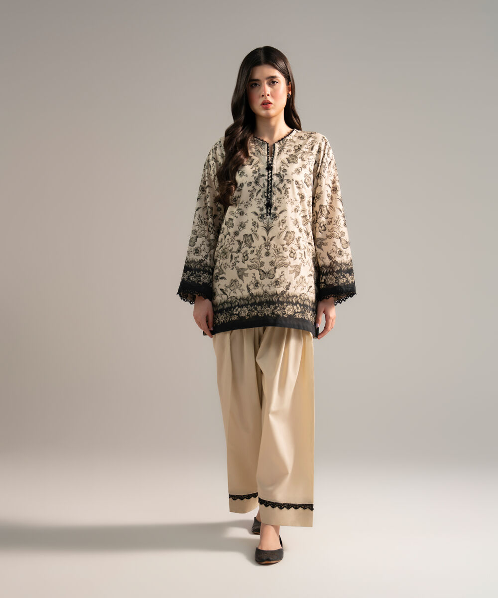 Women's RTW Lawn Printed Beige 2 Piece Suit