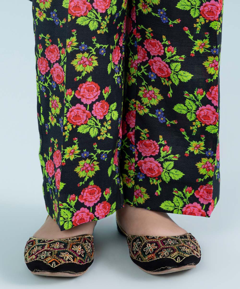 Girls 2 Piece Printed Viscose Raw Silk Suit in Black