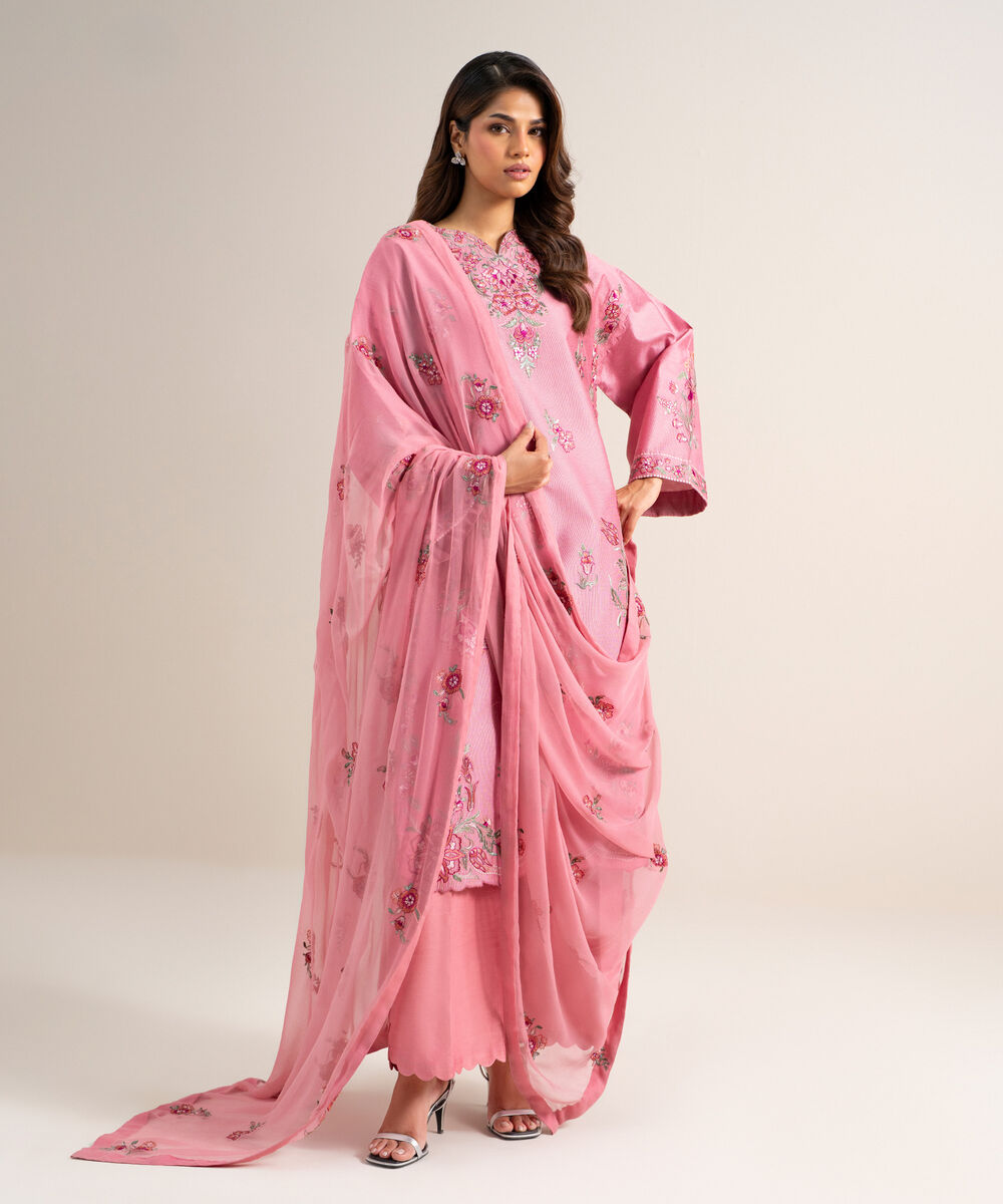 Women's Unstitched Cotton Net Embroidered Pink 3 Piece Suit