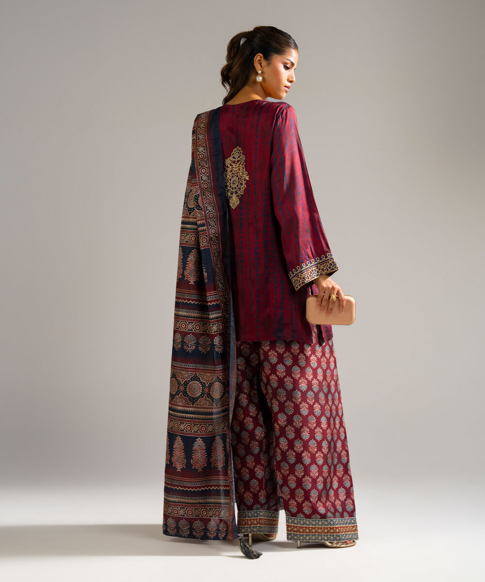 Women's RTW Bright Raw Silk Embroidered Maroon 3 Piece Suit