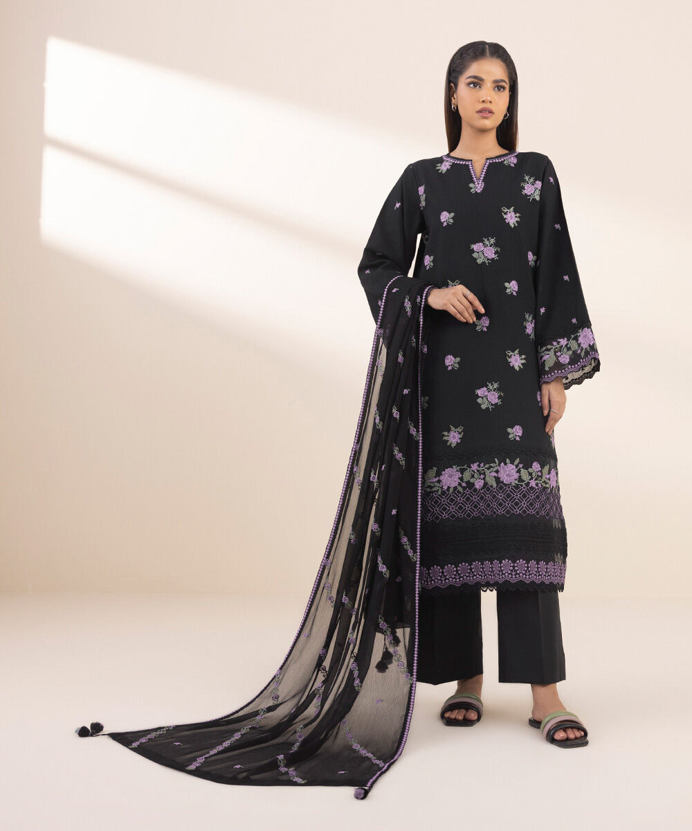 Women's Unstitched Black Dobby 3 Piece Suit