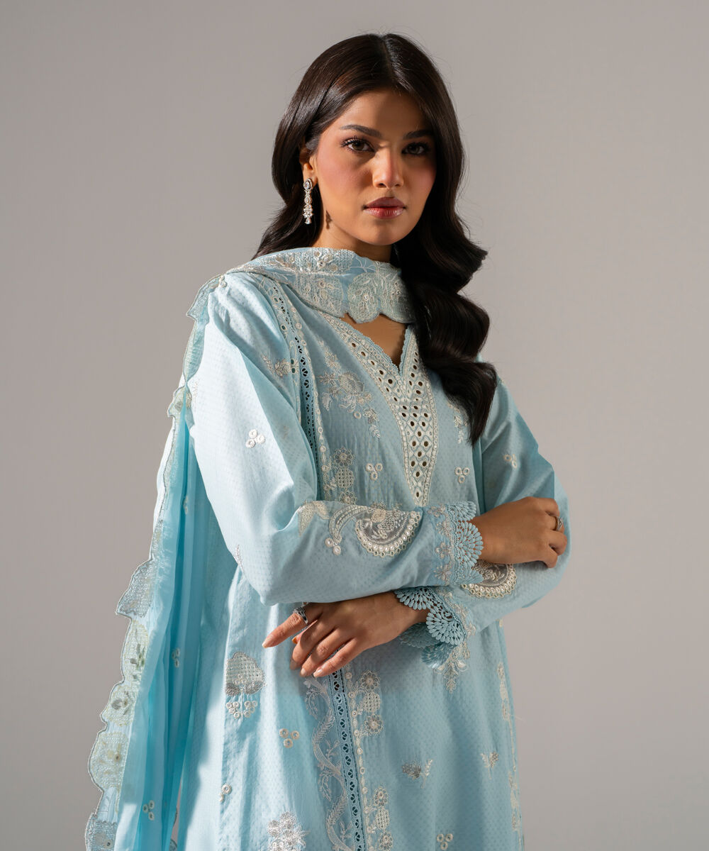 Women's RTW Dobby Solid Embroidered Blue 3 Piece Suit