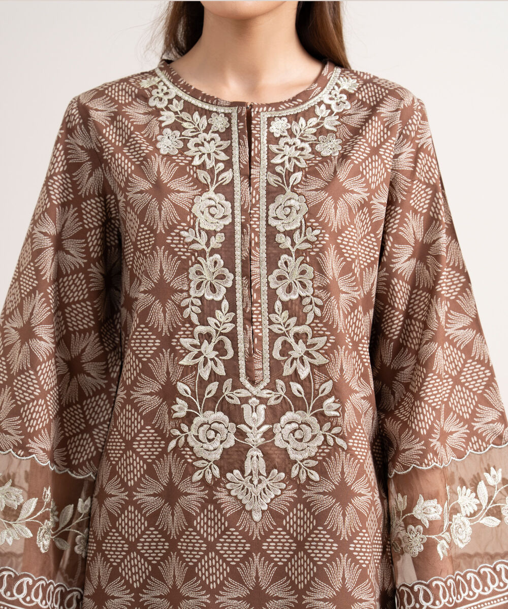 Women's Unstitched Lawn Embroidered Brown 3 Piece Suit