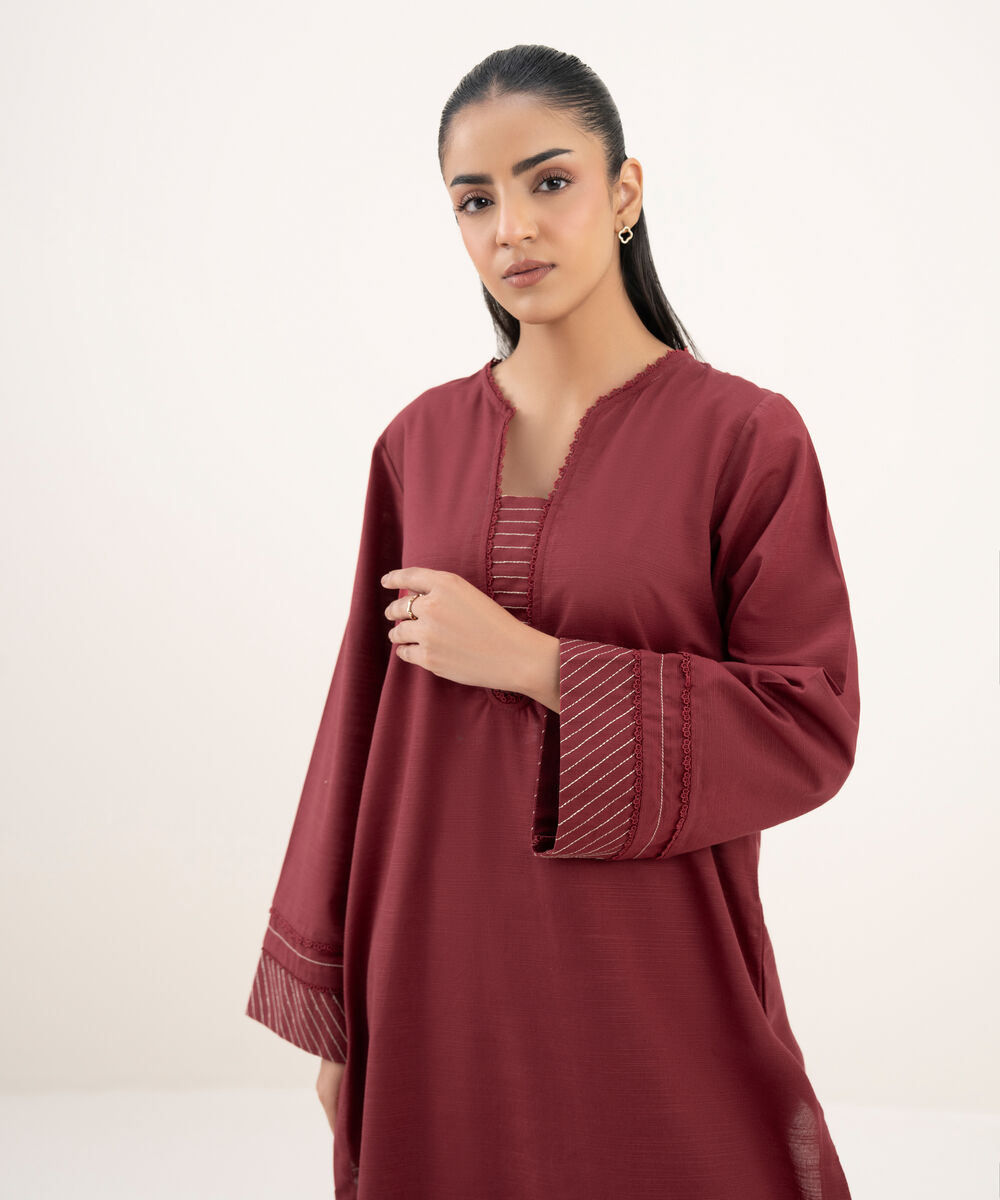 Women's RTW Light Khaddar Embroidered A-Line Maroon Shirt