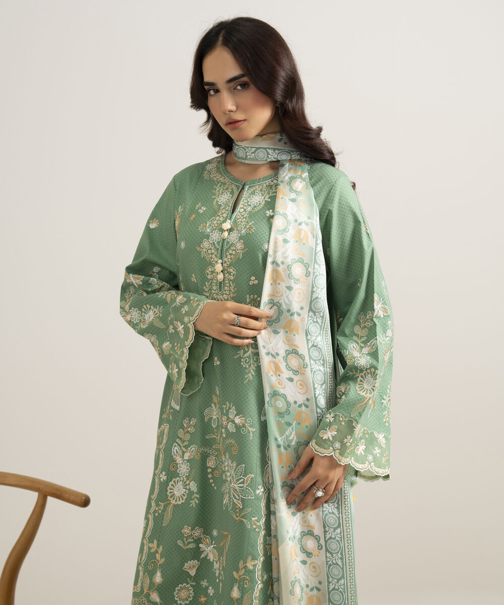 Women's Unstitched Self Jacquard Embroidered Green 3 Piece Suit