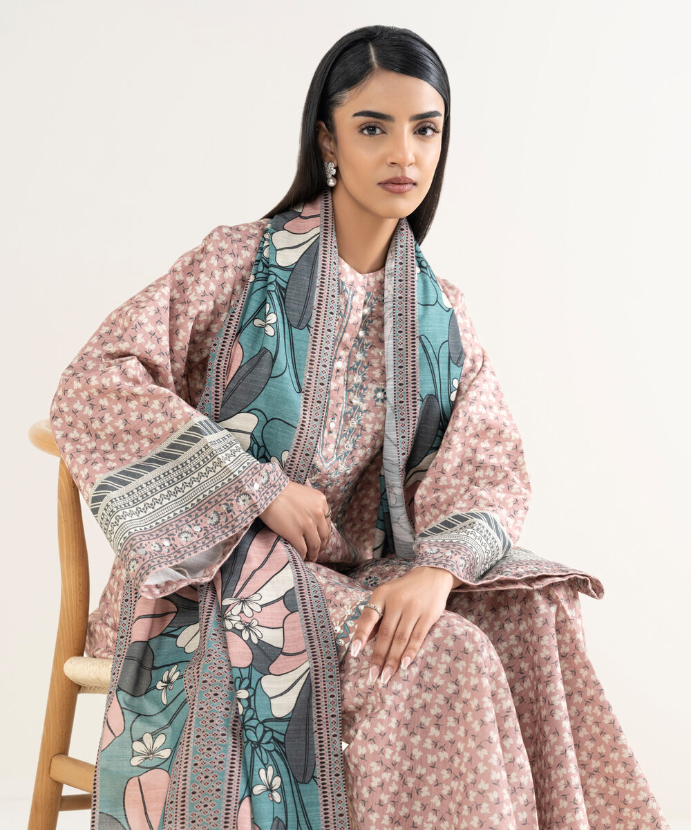 Women's Unstitched Embroidered Khaddar Tea Pink 3 Piece Suit