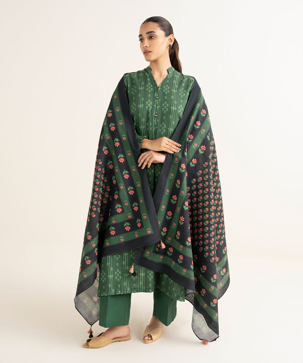 Women's Unstitched Light Khaddar Printed Green 2 Piece Suit