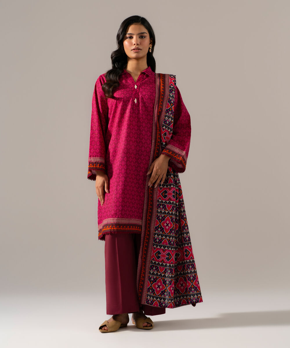 Women's RTW Khaddar Printed Pink Dupatta
