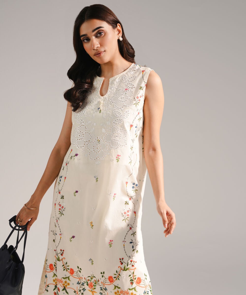 Women's RTW Lawn Embroidered A-Line White Shirt