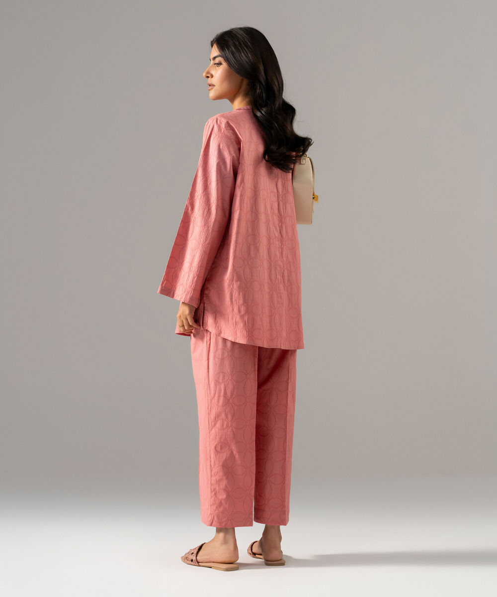 Women's RTW Textured Cotton Solid Pink 2 Piece Suit