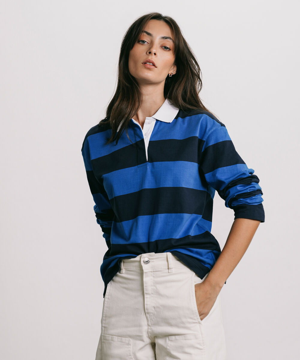 Women's Western Wear Blue Striped Rugby Polo Shirt
