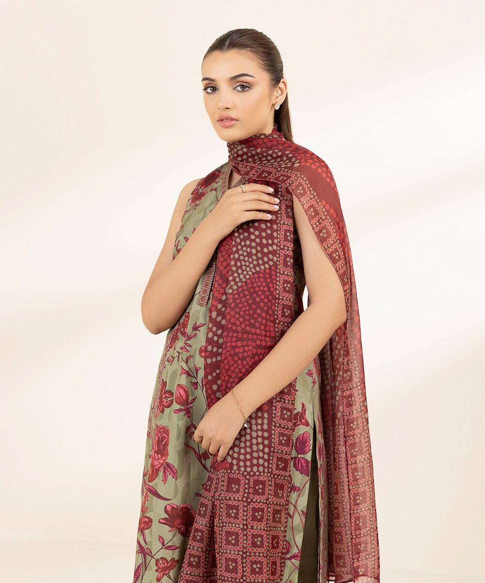 Unstitched Women's Printed Lawn Green Two Piece Suit