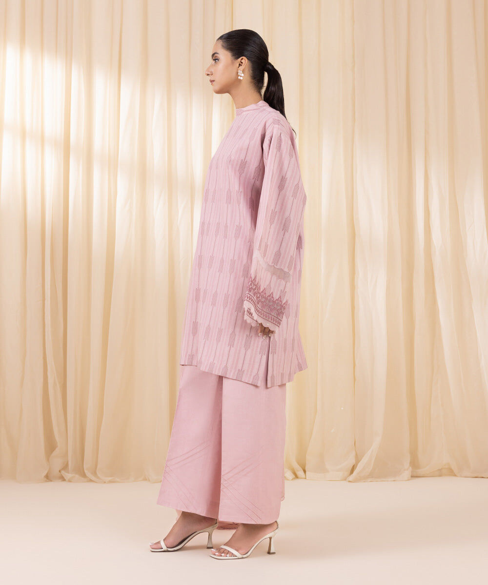 Women's Unstitched Embroidered Tea Pink Extra Weft Jacquard Three Piece Suit