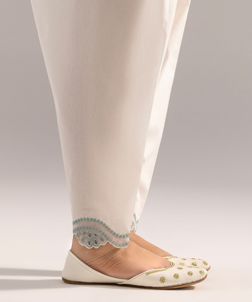 Women's RTW Cambric Embroidered White Skinny Shalwar