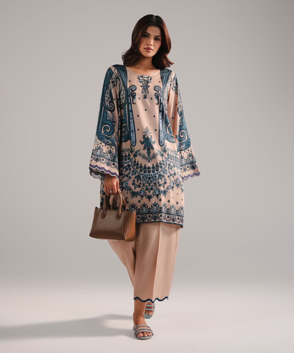 Women's RTW Satin Viscose Embroidered Beige 2 Piece Suit