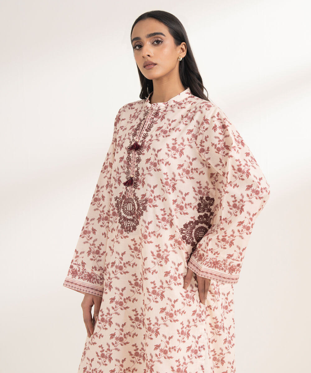 Women's RTW Cotton Embroidered Peach 3 Piece Suit