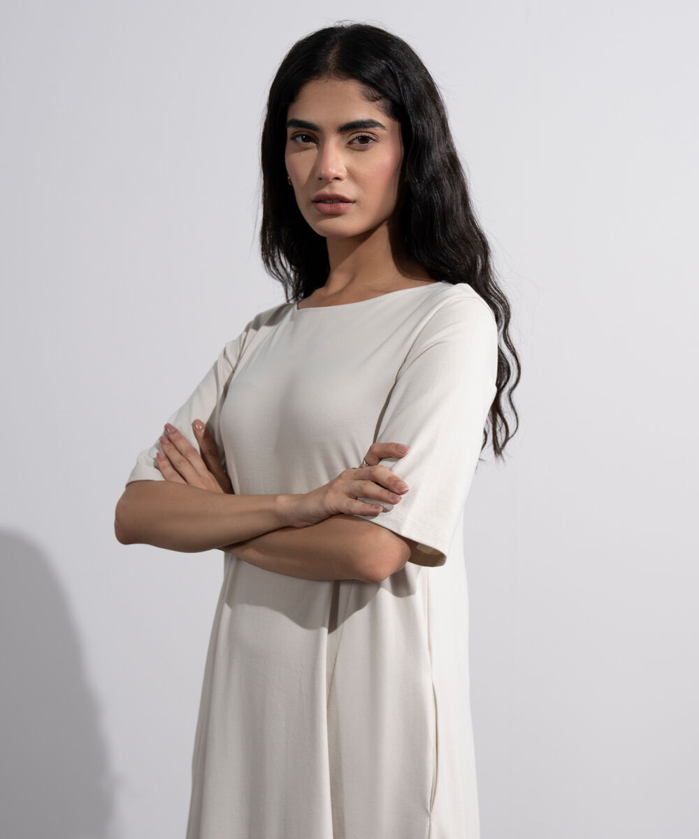 Women's Beige Flared Panelled Midi Dress