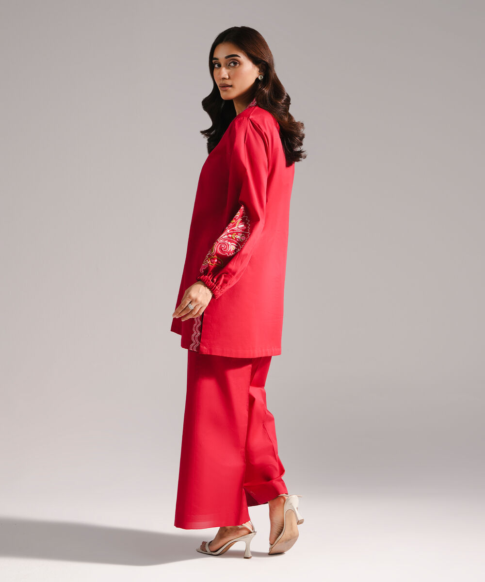 Women's RTW Textured Cotton Embroidered Straight Red Shirt