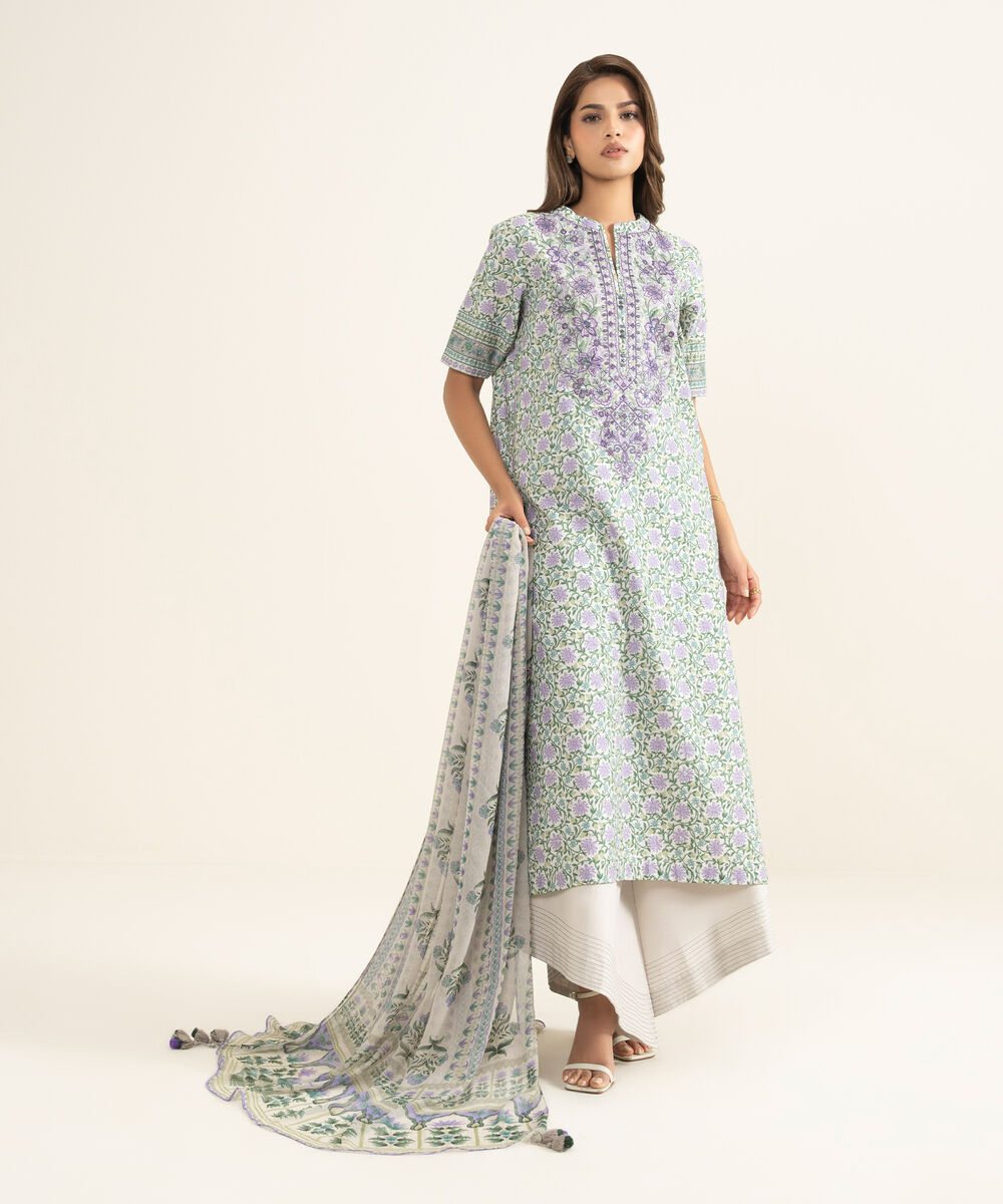 Women's Unstitched Lawn Embroidered Purple 3 Piece Suit