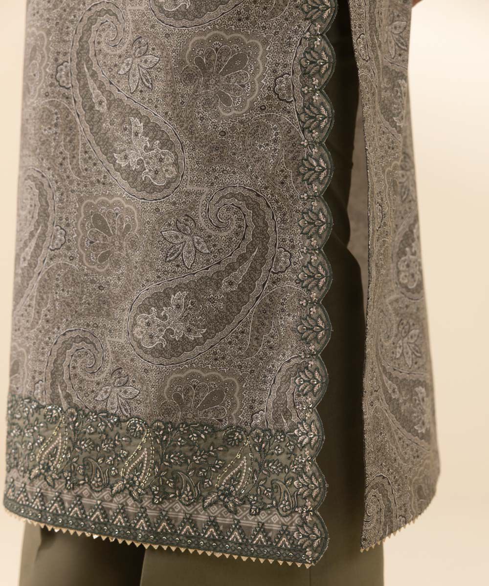 Unstitched Women's Embroidered Lawn Brown Three Piece Suit