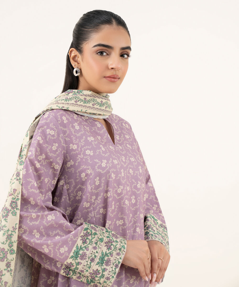 Women's Unstitched Cotton Printed Purple Three Piece Suit